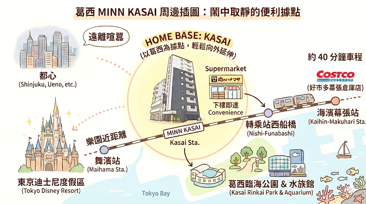 【東京葛西住宿】MINN KASAI / MINN葛西，東京住宿新選擇。遠離人潮、機能優秀的平價公寓式飯店附簡易廚房，前往迪士尼、幕張 Costco超方便，葛西站走路3分鐘